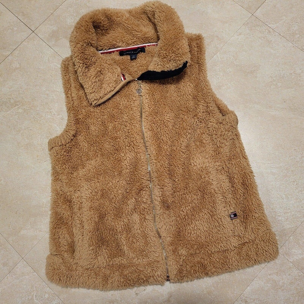 Tommy Hilfiger Womens S Small Sherpa Deep Pile Zip Fleece Beige Vest
